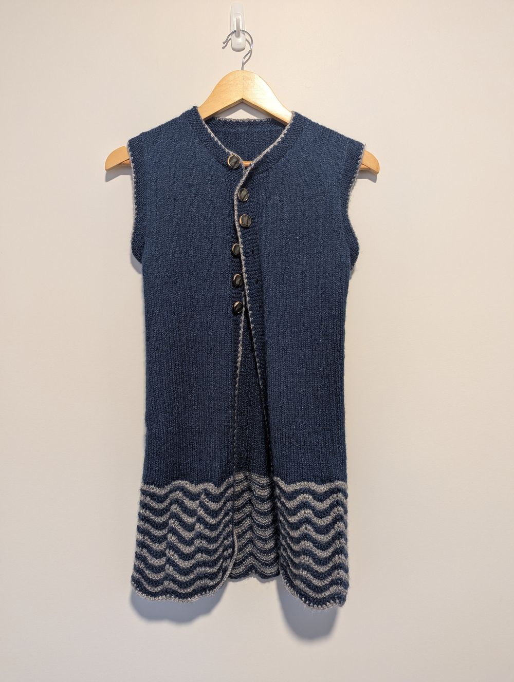 Unique hand woven sweater vest handmade jumper hand knit jersey button up long vest stripes grandma granny cottage cottagecore 1990s friends phoebe buffay fair isle nordic nautical fisherman boat classic timeless navy blue grey