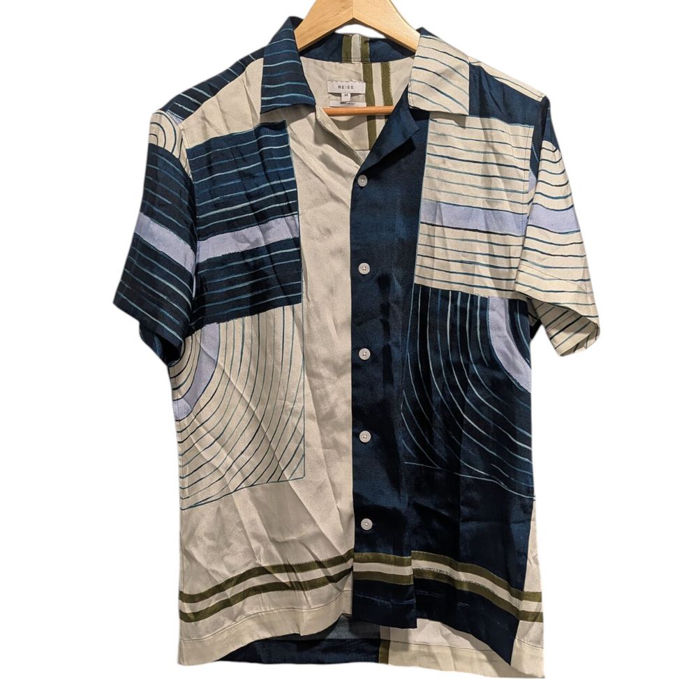 Unique geometric button up shirt short sleeve collared camp shirt funky fun quiet luxury stealth wealth patchwork pattern workwear office party
