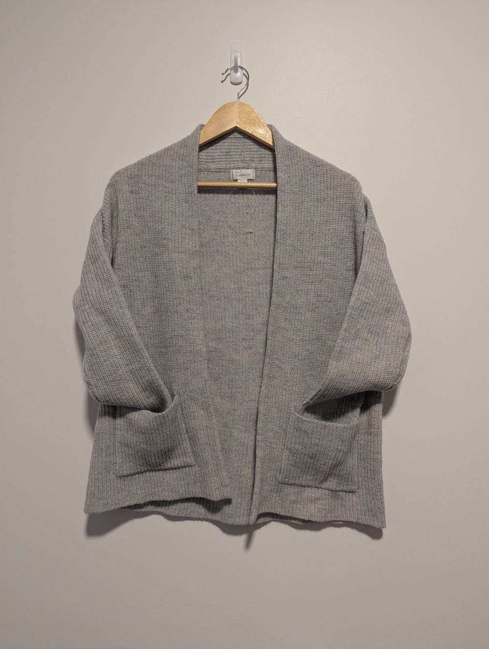 NWOT 100% lambswool grey knit cardigan open cardi light grey sweater shawl jumper wrap minimalist timeless lagenlook relaxed artsy normcore indie capsule wardrobe staple classic