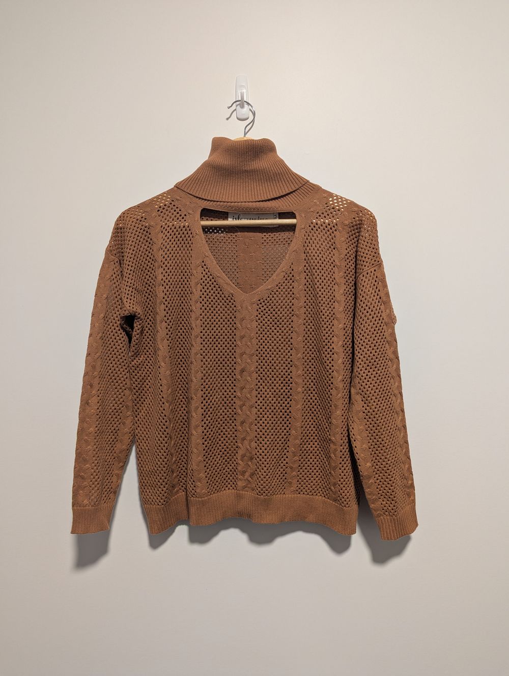 Brown knit jersey sweater jumper turtleneck roll neck sheer beachy coastal cowgirl boho hippie earthy artsy western bohemian slouchy relaxed pullover Size S/M