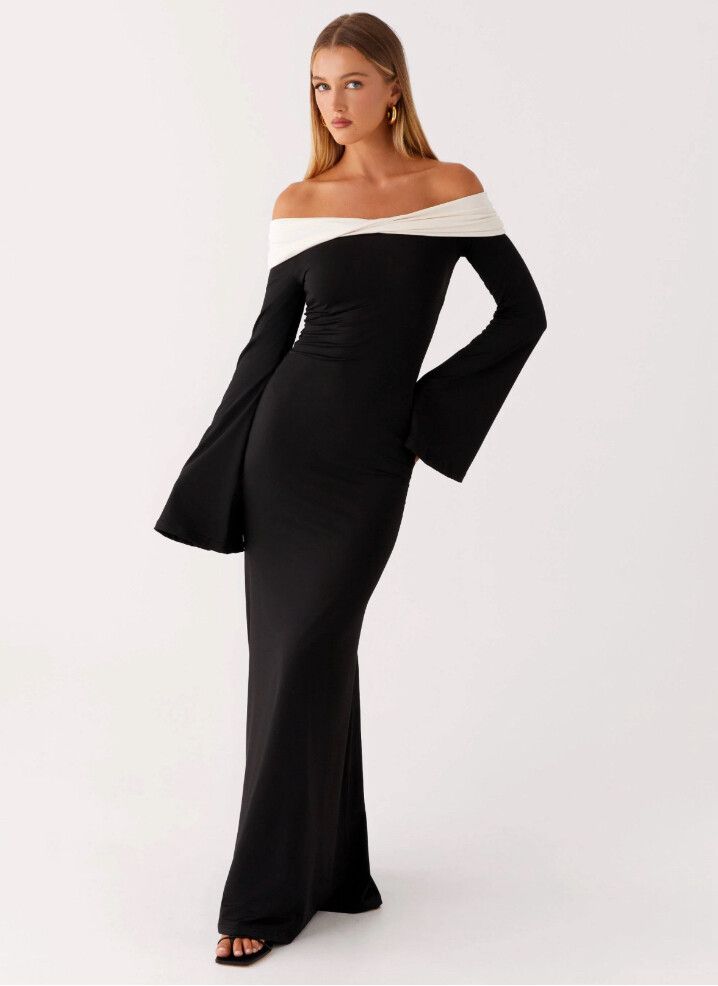 peppermayo black and white dress ALIVIA long dress with draped neckline – MILAURA main image 0