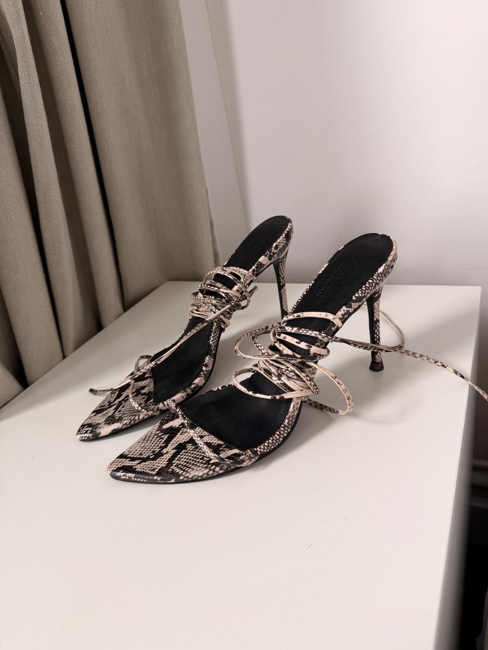La Femme Barely There Lace Up Heels Snake Skin