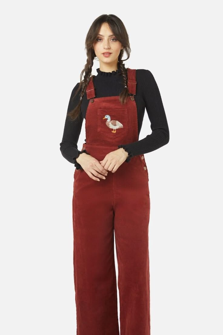 Princess Highway Rust Corduroy Dungarees With Duck Embroidery