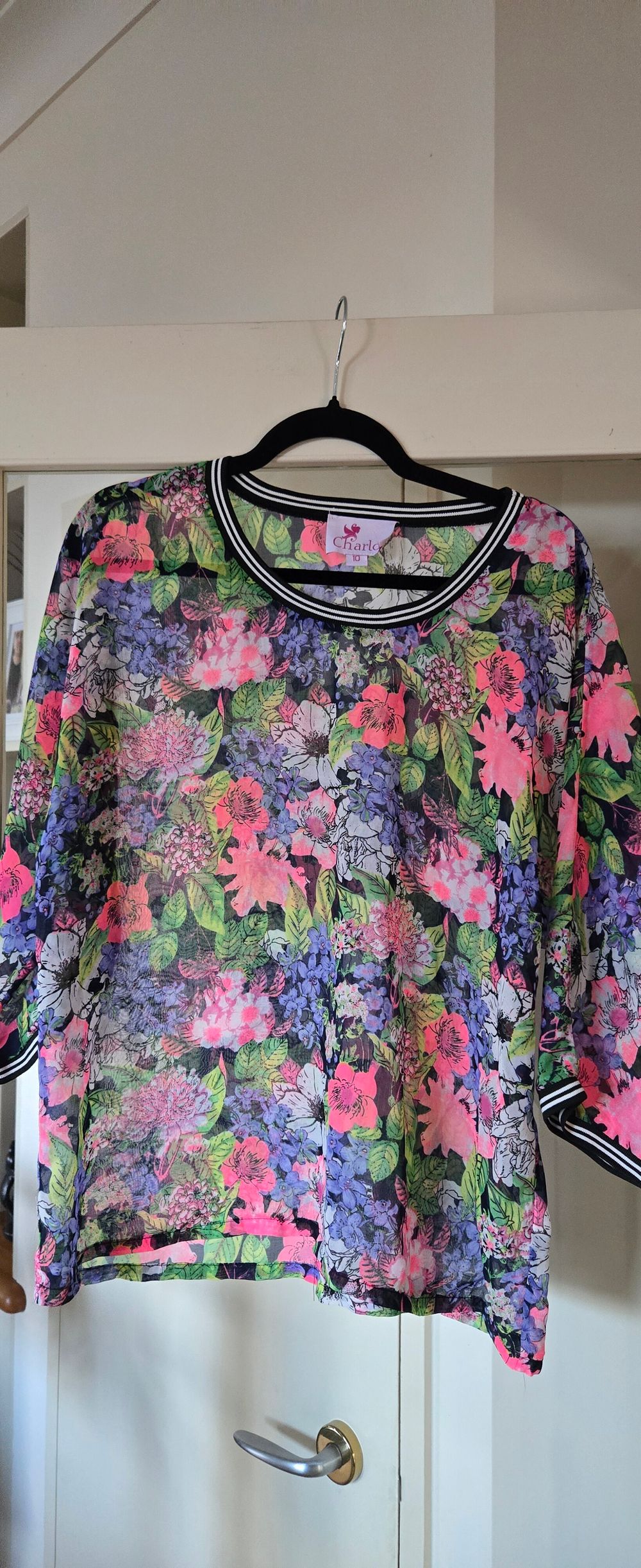 Charlo Vibrant Botanical Mesh Top with Striped Trim - Size M/10