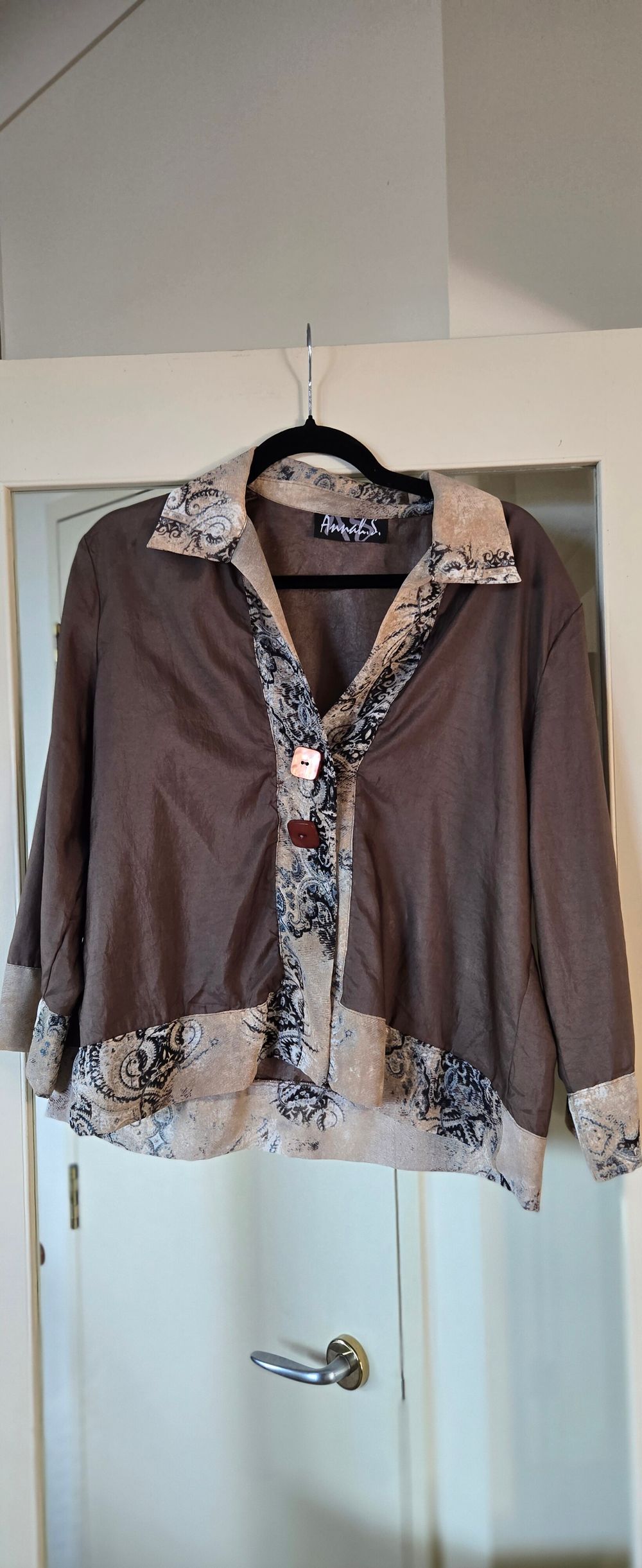 Annah S. Khaki Brown Paisley Trim Jacket
