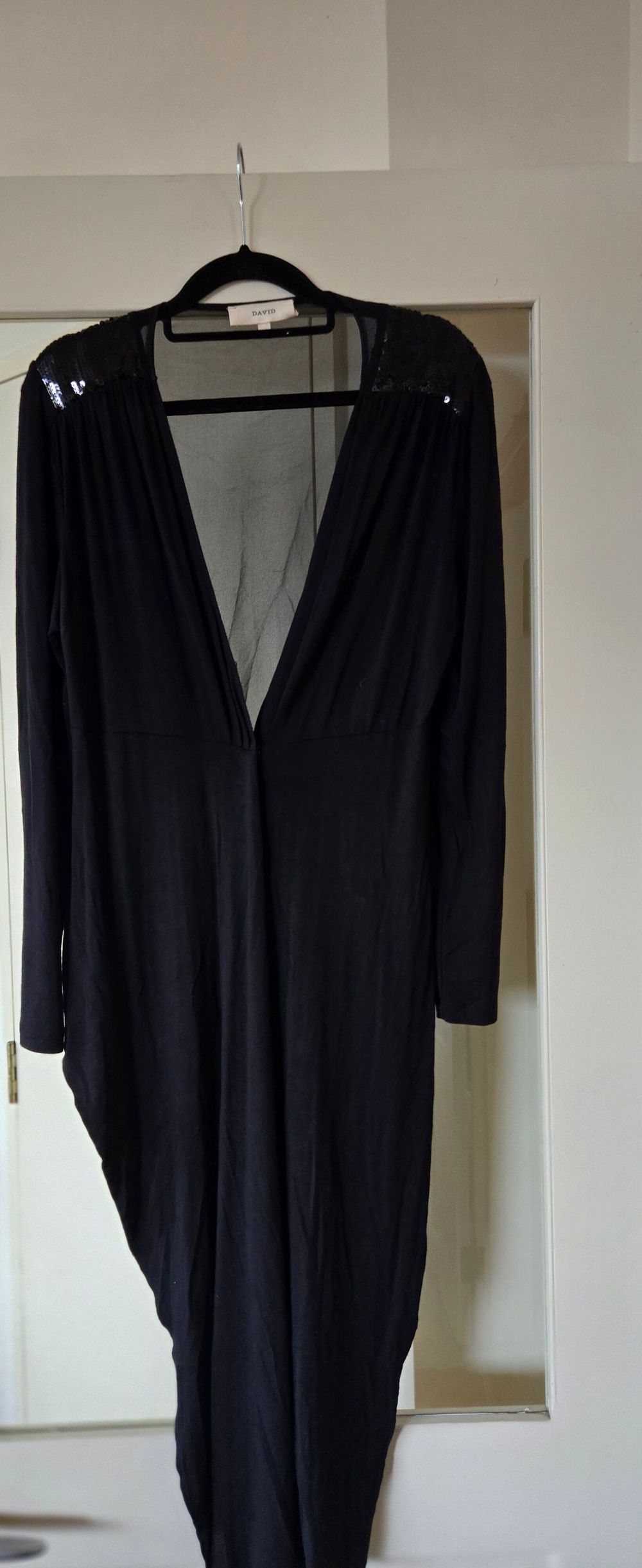 DAVID Black Tie-Front Wrap Top with Sequin Shoulders & Sheer Silk Back - Size 10