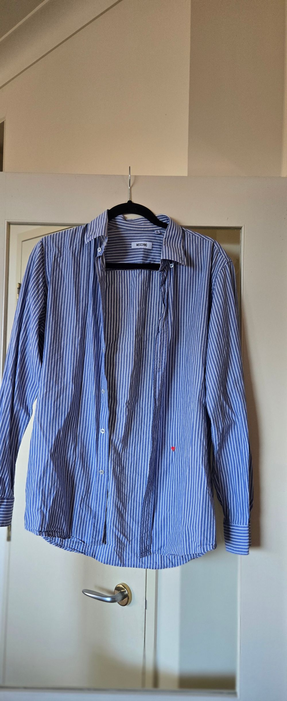 MOSCHINO Mainline Men's Striped Button-Down Shirt Red Heart Logo Size 15.5 / 39 Vintage