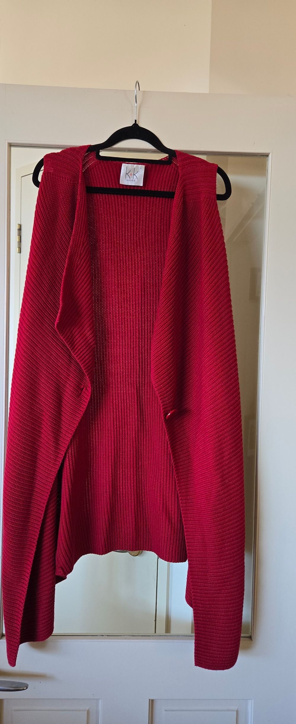 K&K Crimson Red Draped Ribbed Open-Front Cardigan – Size L (Plus Size)