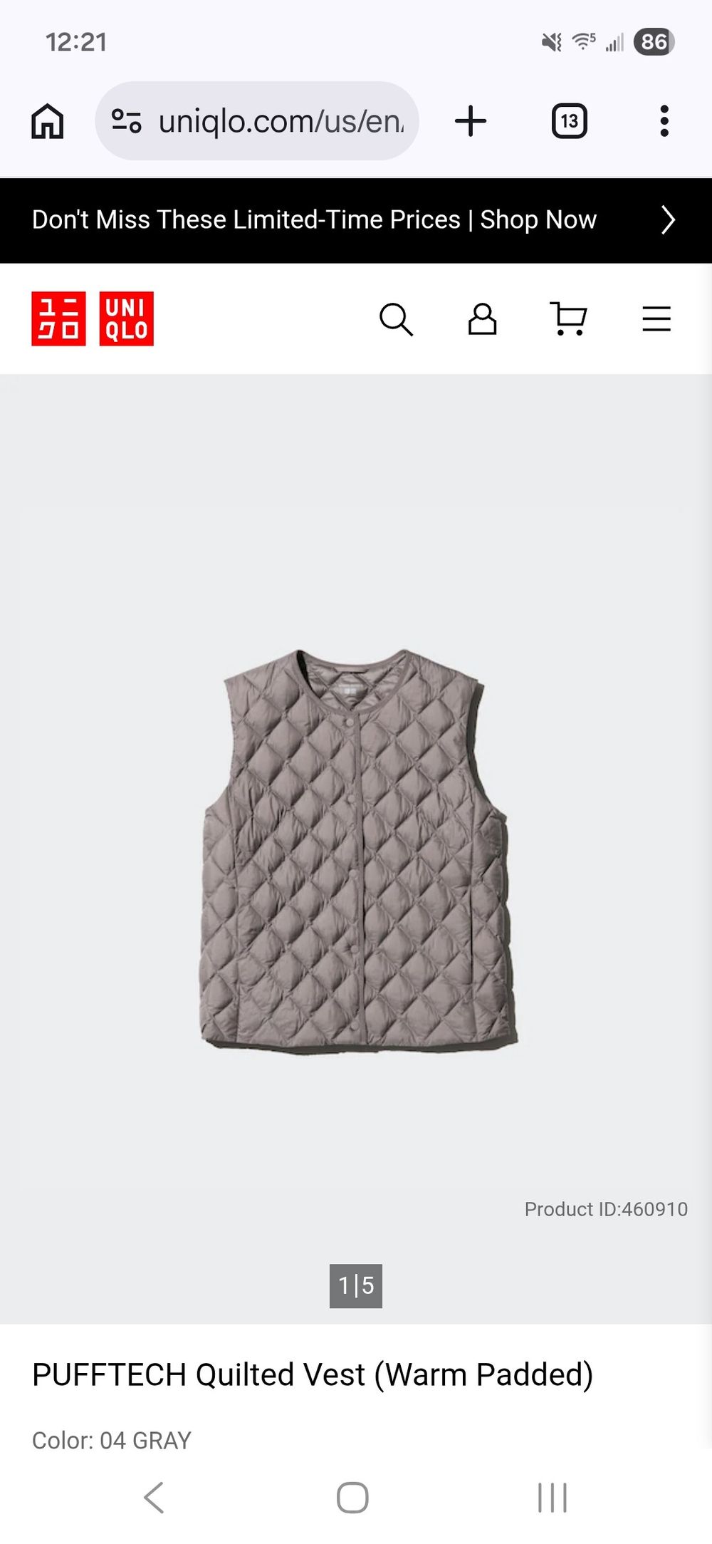 UNIQLO Grey Pufftech Quilted Vest