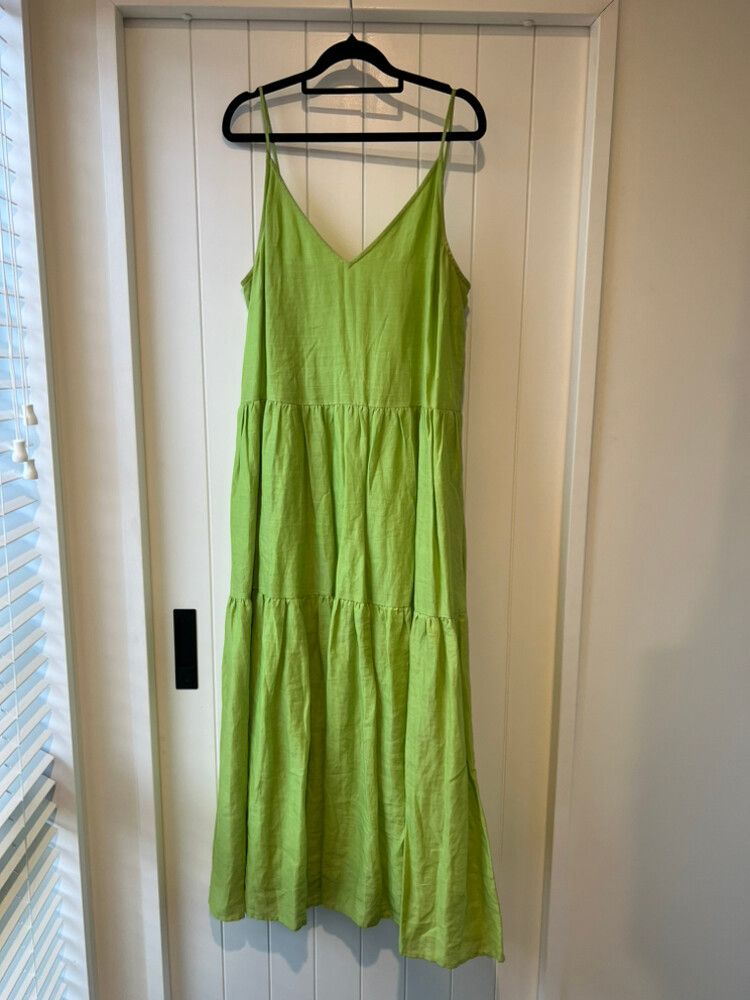 slim fit dress slacks La Ligne Anais Tiered Maxi Dress Olive Linen-Blend Size Small – Celebrity  Owned main image 1