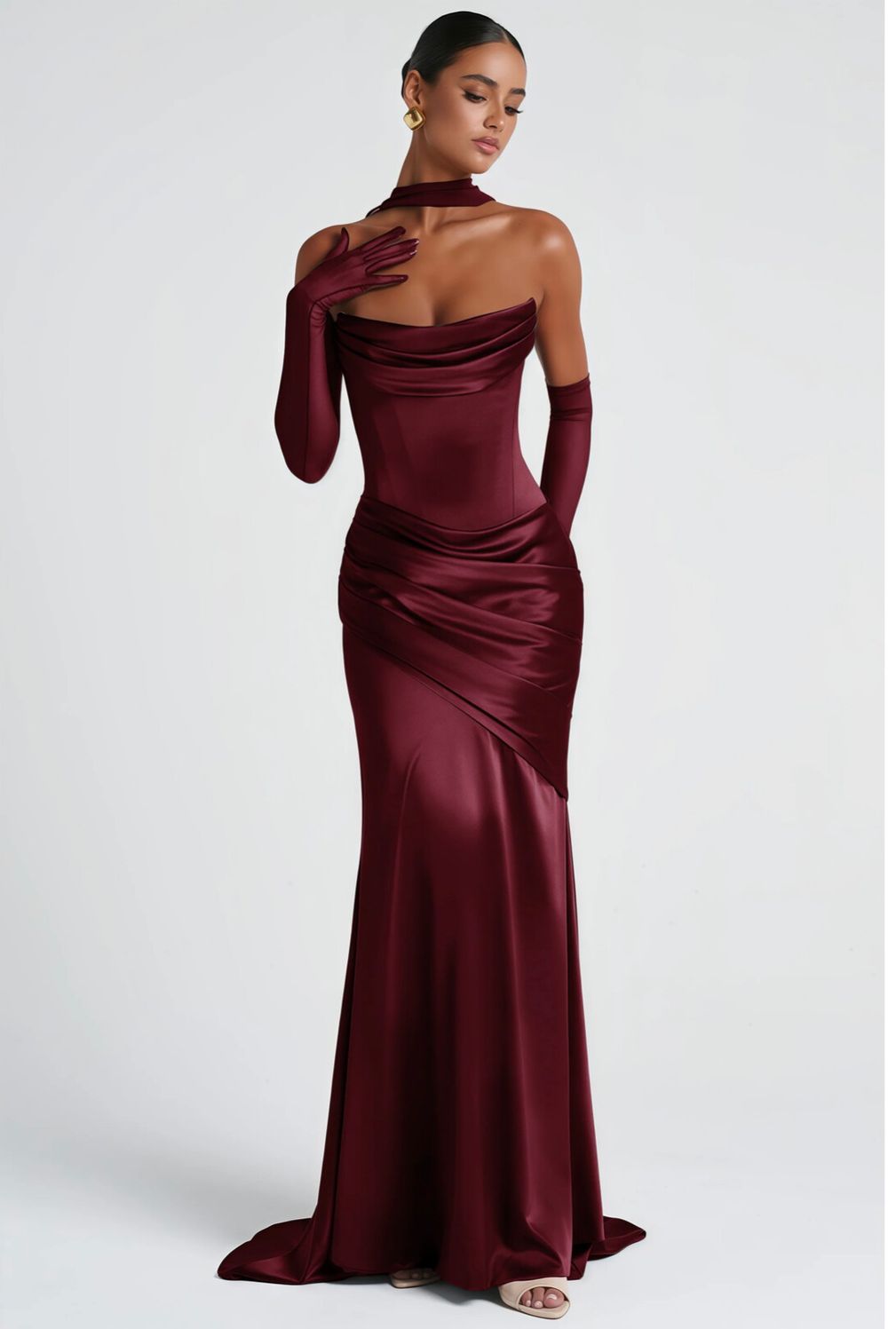 Miss Rosier Marilou Burgundy Ruched Satin Maxi dress