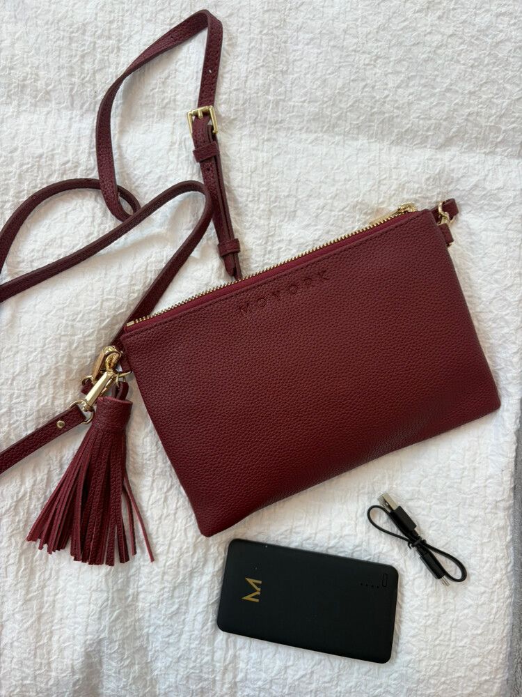new moyork leather burgendy red crossbody bag portable battery pack phone charger clutch