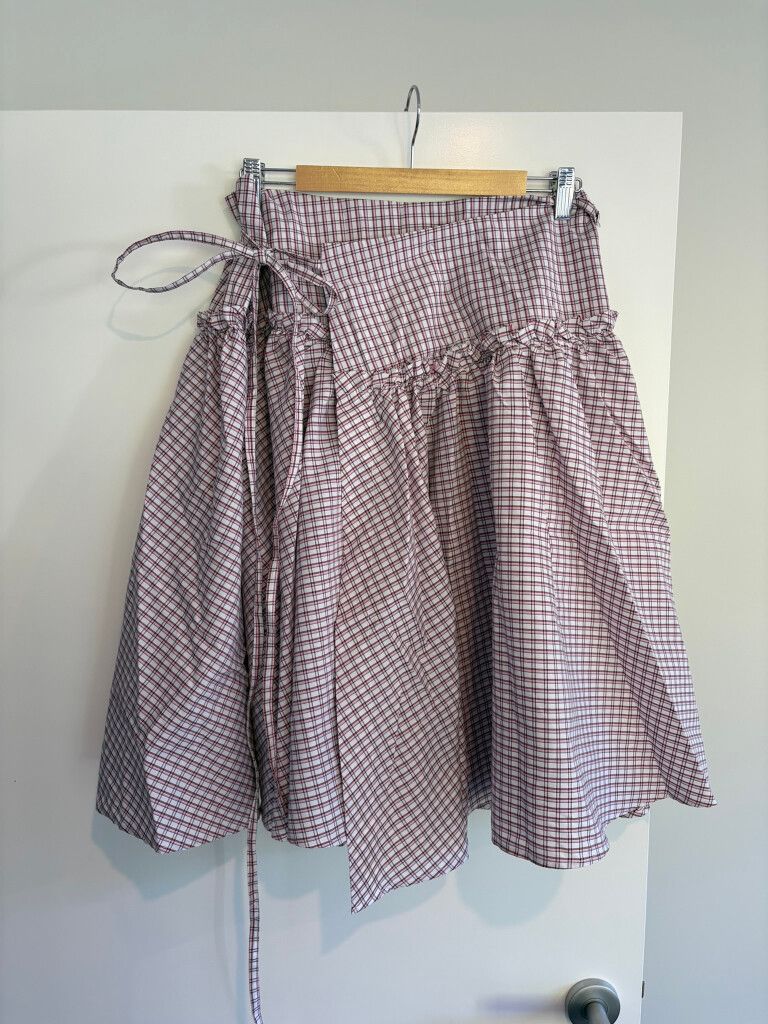 Mode Mischief Costes Midi Plaid Skirt Tie Up Ruffle Plum Gingham