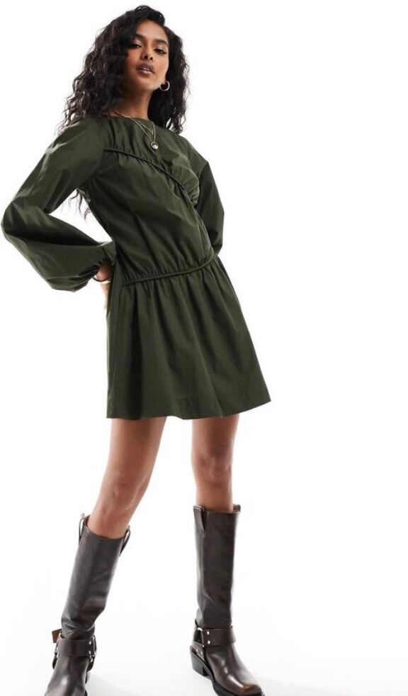 slim fit dress slacks Rent Asos Design Petite Washed Off Shoulder Balloon Sleeve Mini Dress With  Wrap Corset Detail In Sage Green main image 0