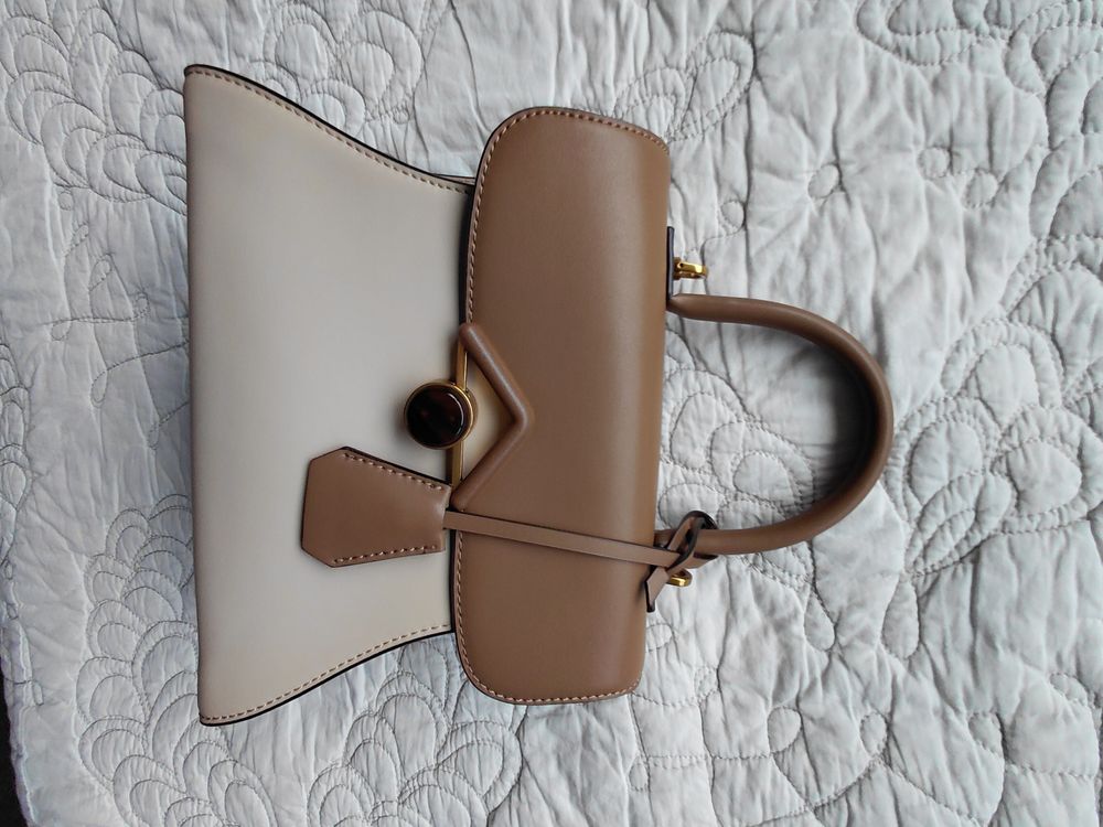 Beige And Brown Top Handle Handbag
