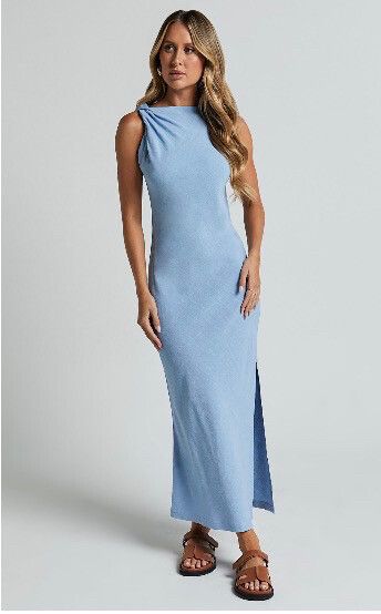 showpo blue dress Charlita Maxi - Strapless Cowl Back Satin Dress in Steel Polyester gives it a smooth Showpo - Showpo Blue Maxi