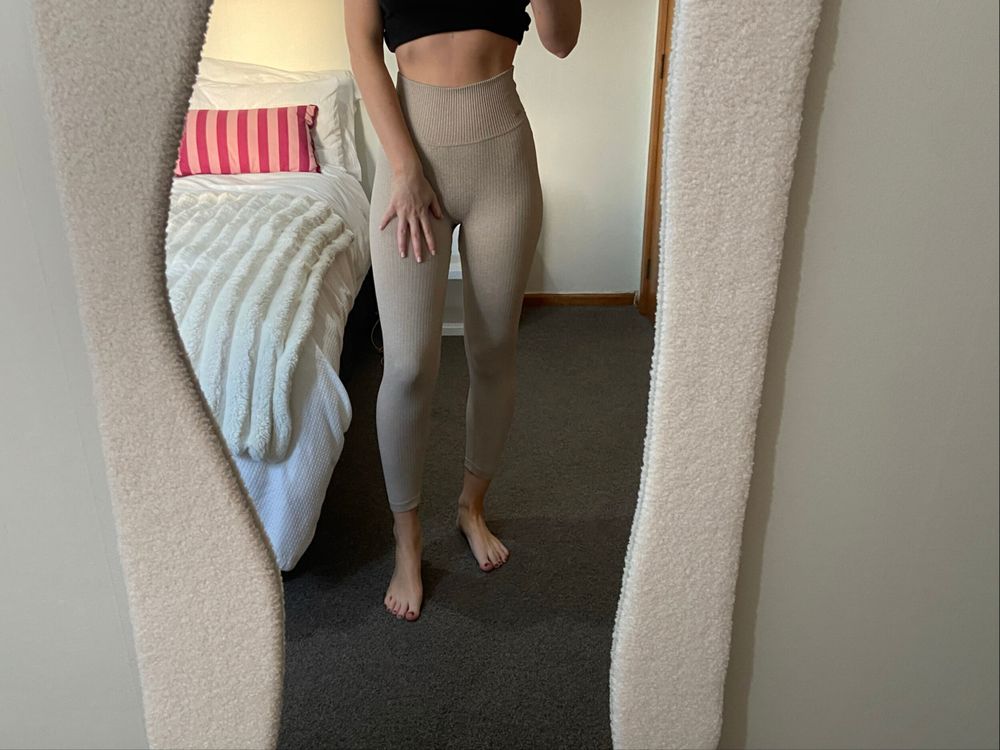 Aimn Beige Ribbed High Waisted Leggings