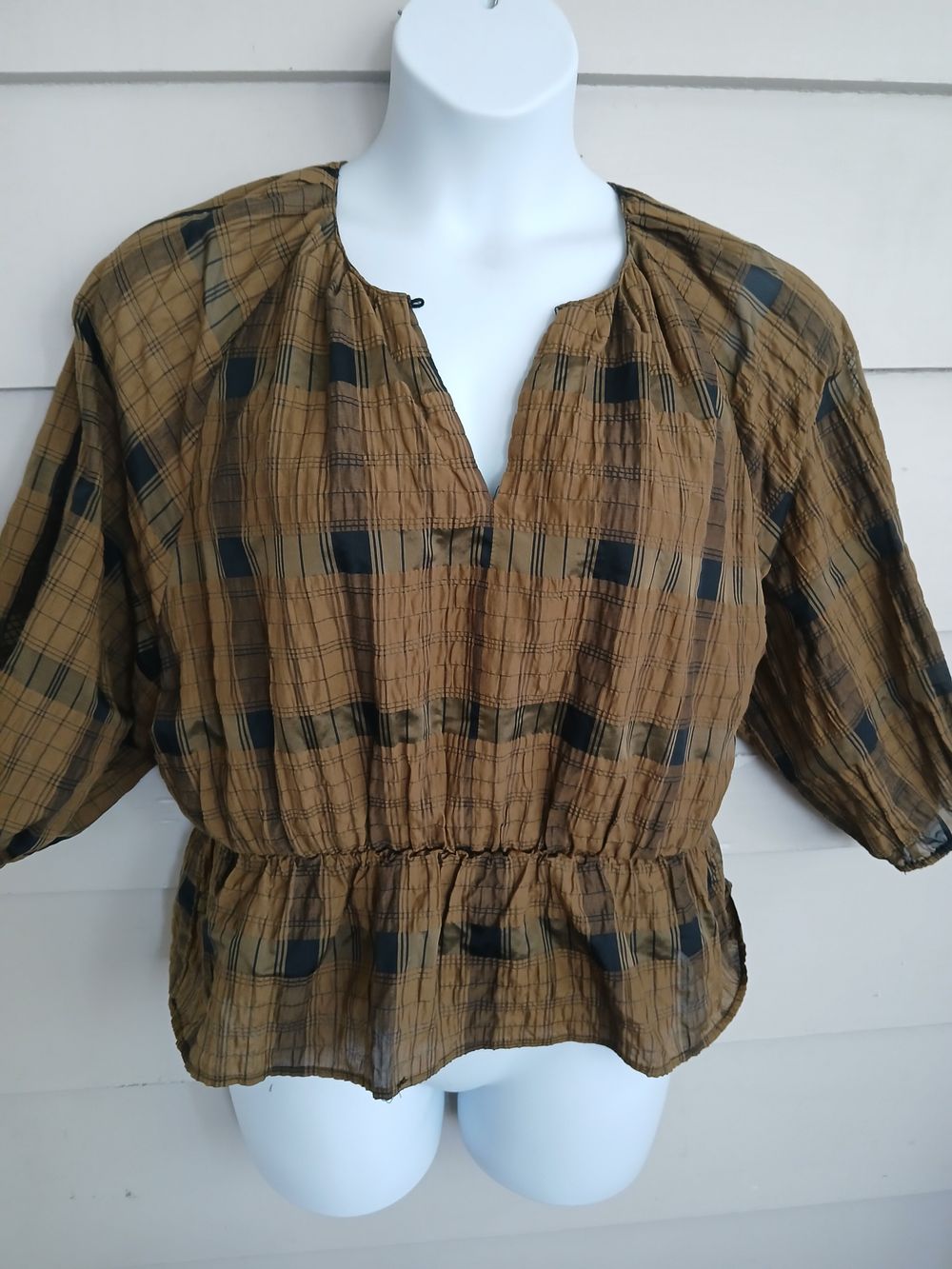 ET Alia - Brown Plaid Crinkled Top