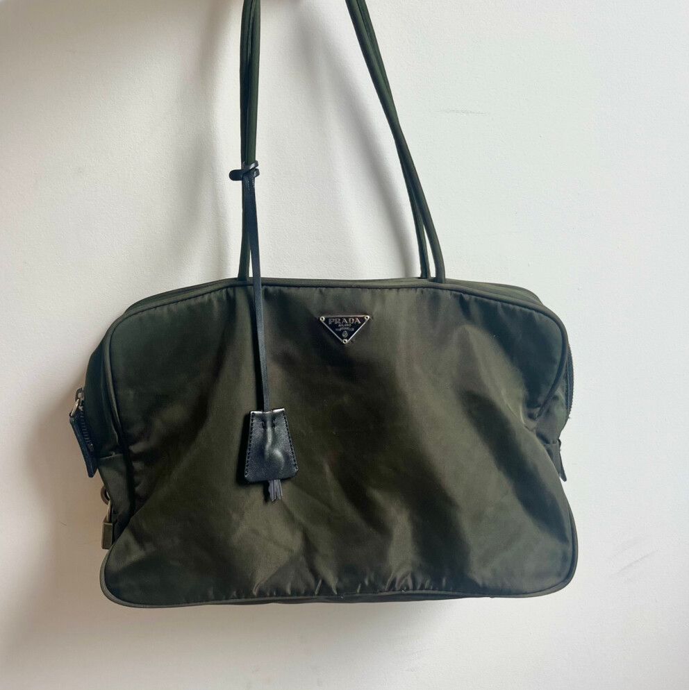 Vintage Prada Tessuto Shoulder Tote (Khaki/ Nero)