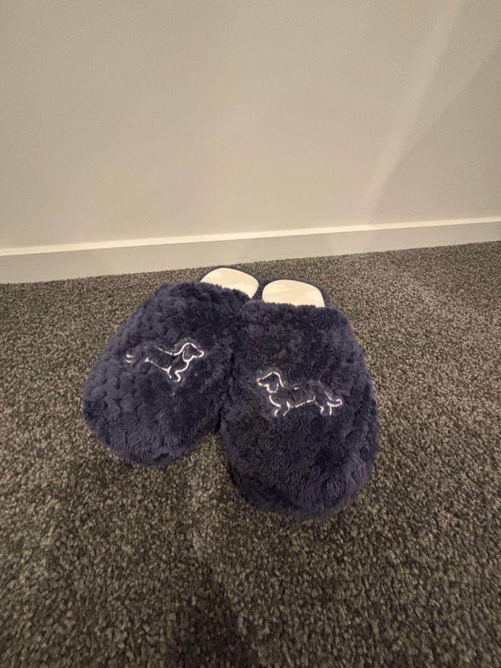 Navy Fuzzy Slippers With Dog Embroidery
