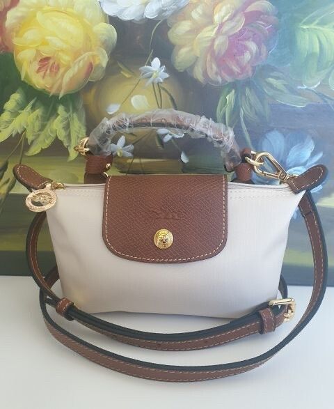 Longchamp Leather Pouch Mini Bag in White Paper + Crossbody  Long Strap