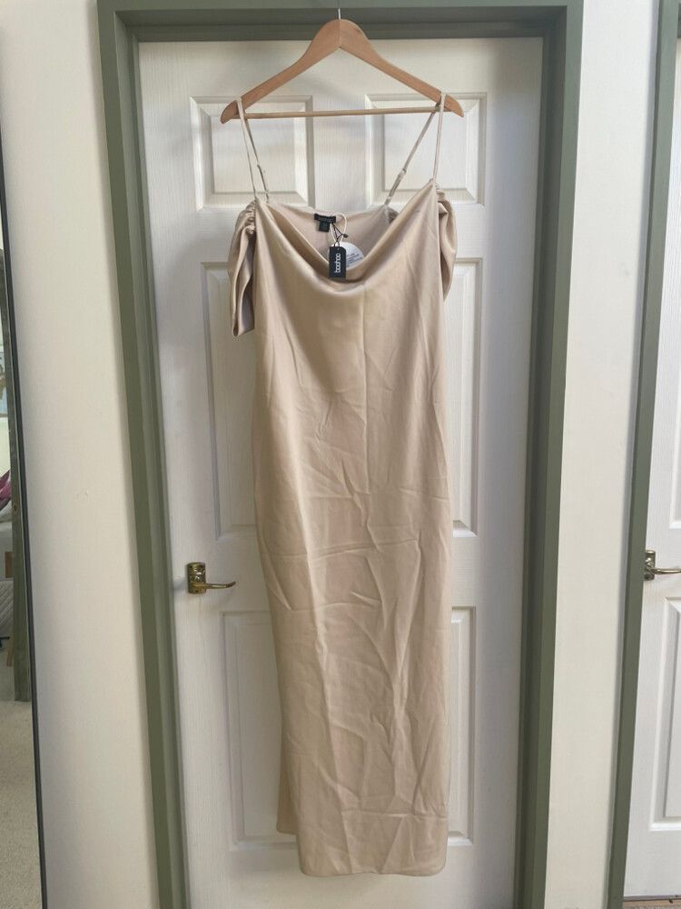 sachin and babi light blue dress Boohoo Satin Wrap Puff Sleeve Mini Dress Champagne Size 12