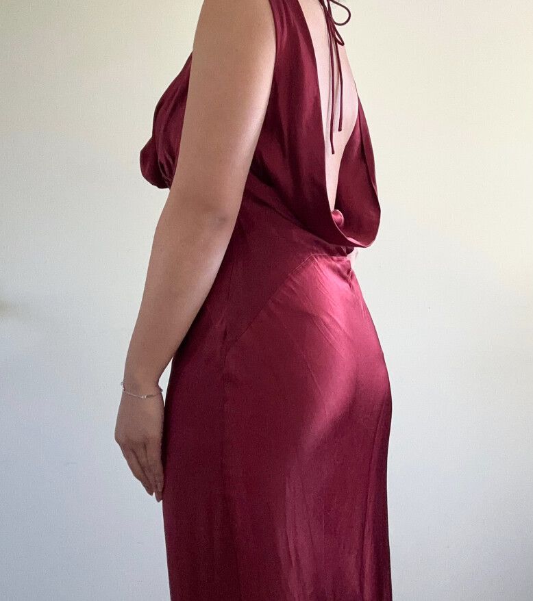 Meshki - Angelique Satin Cowl Back Maxi Dress - Berry on Designer Wardrobe