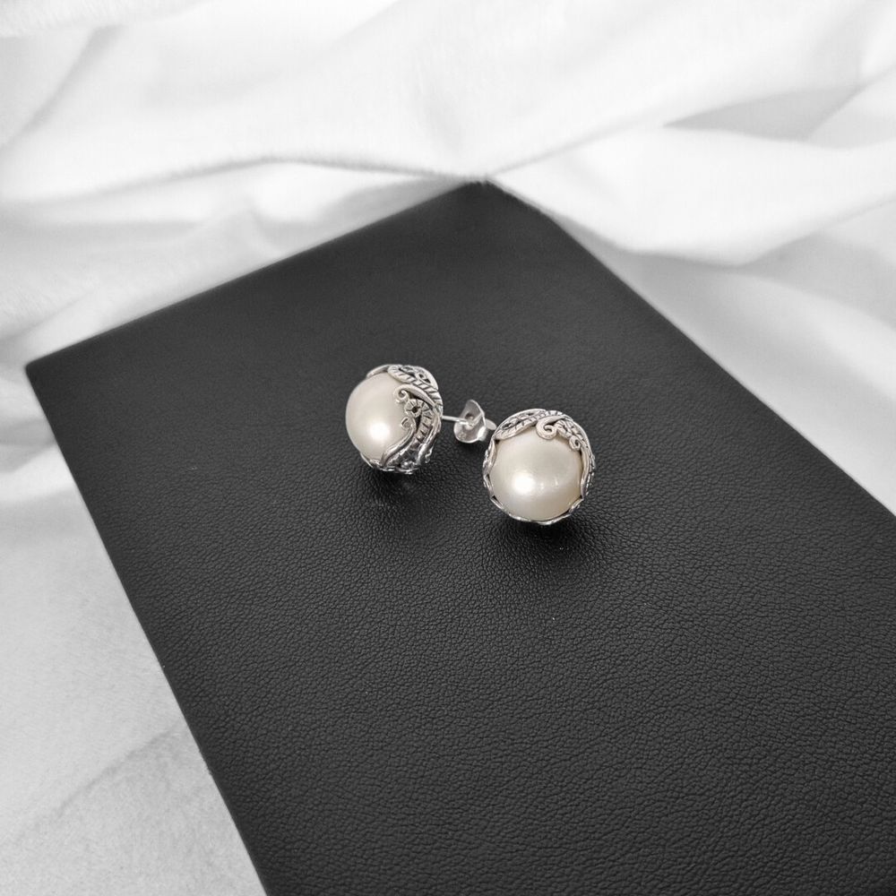 NEW Sterling Silver 925 Earrings | Mabe Pearl w/intricate silver surround