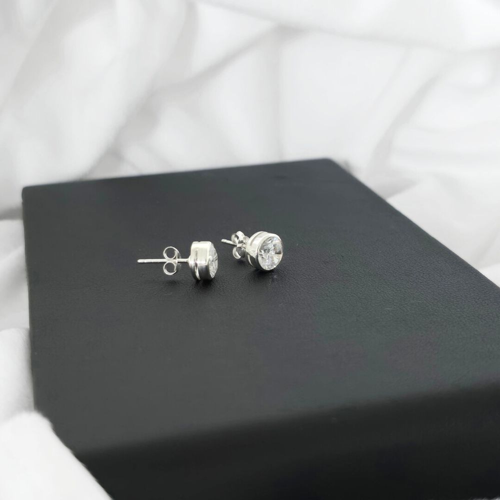 NEW Sterling Silver 925 Earrings ~ Round CZ bezel set stud 8mm