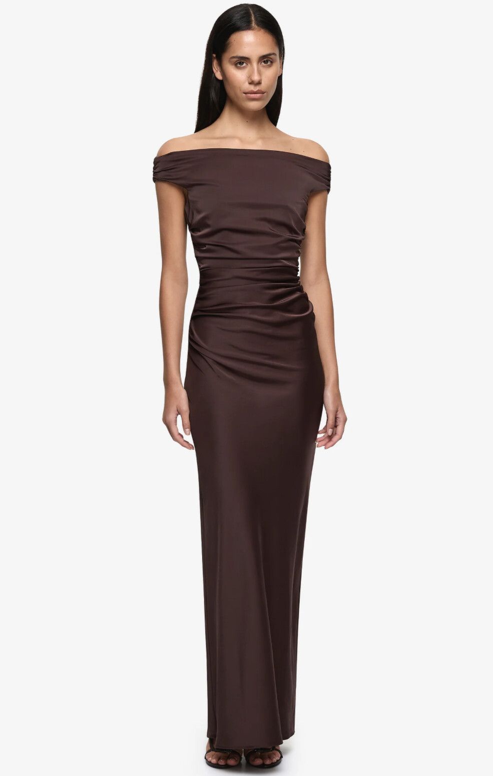 Bec & Bridge Eternity Off Shoulder Maxi Dress in Dark Chocolate