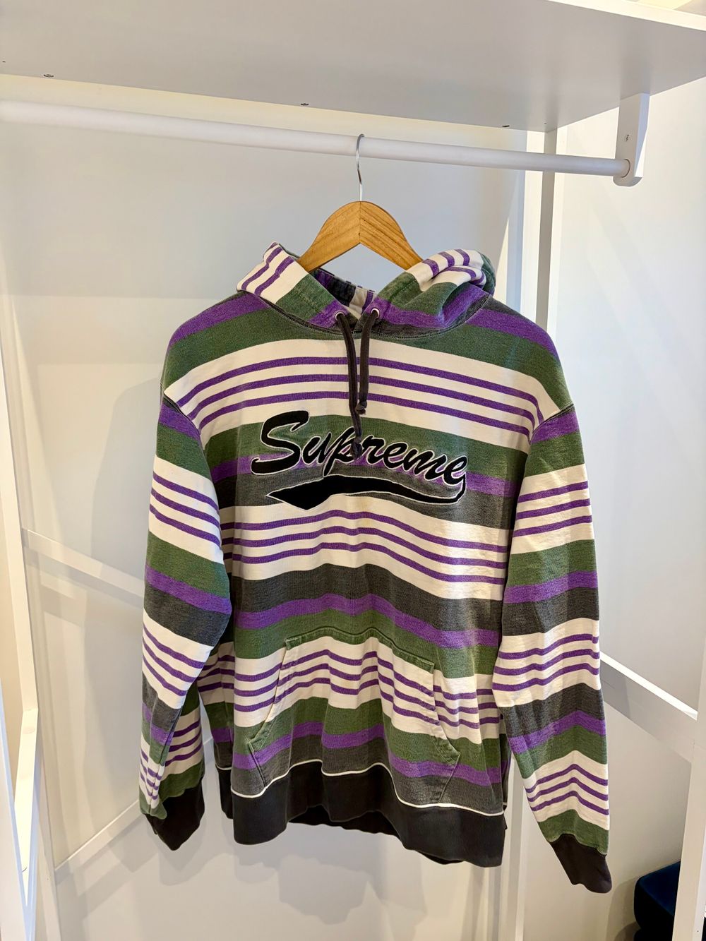 Supreme Striped Embroidered Logo Hoodie Green Purple Size Large