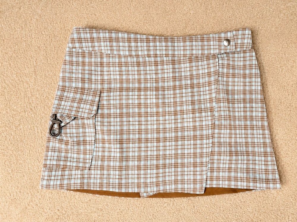 Insight Blue & Brown Check Wrap Mini Skort Size S