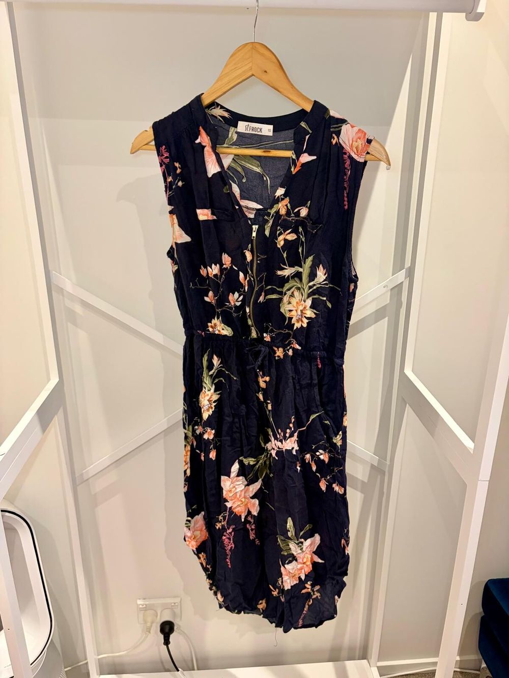 St Frock Womens Navy Floral Zip Front Midi Dress Size 10