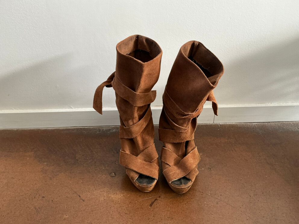 Tan Suede open toe boots