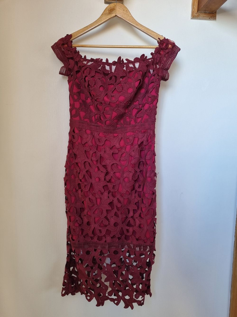 Chi Chi London - Lace Bardot Pencil Dress on Designer Wardrobe Chi Chi London - Lace Bardot Pencil Dress on Designer Wardrobe