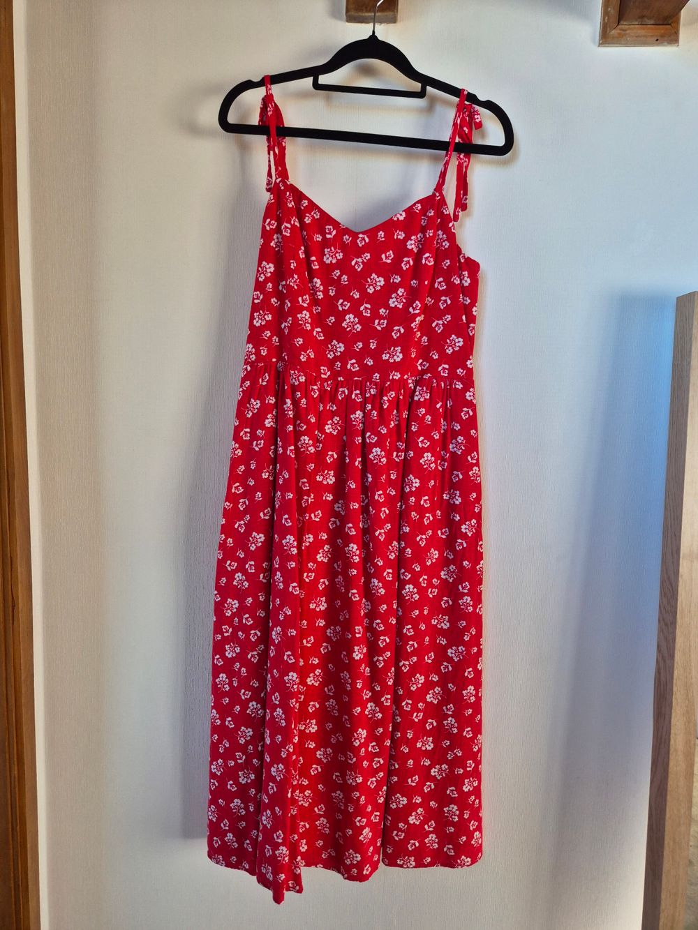 Red and white floral dress with pockets