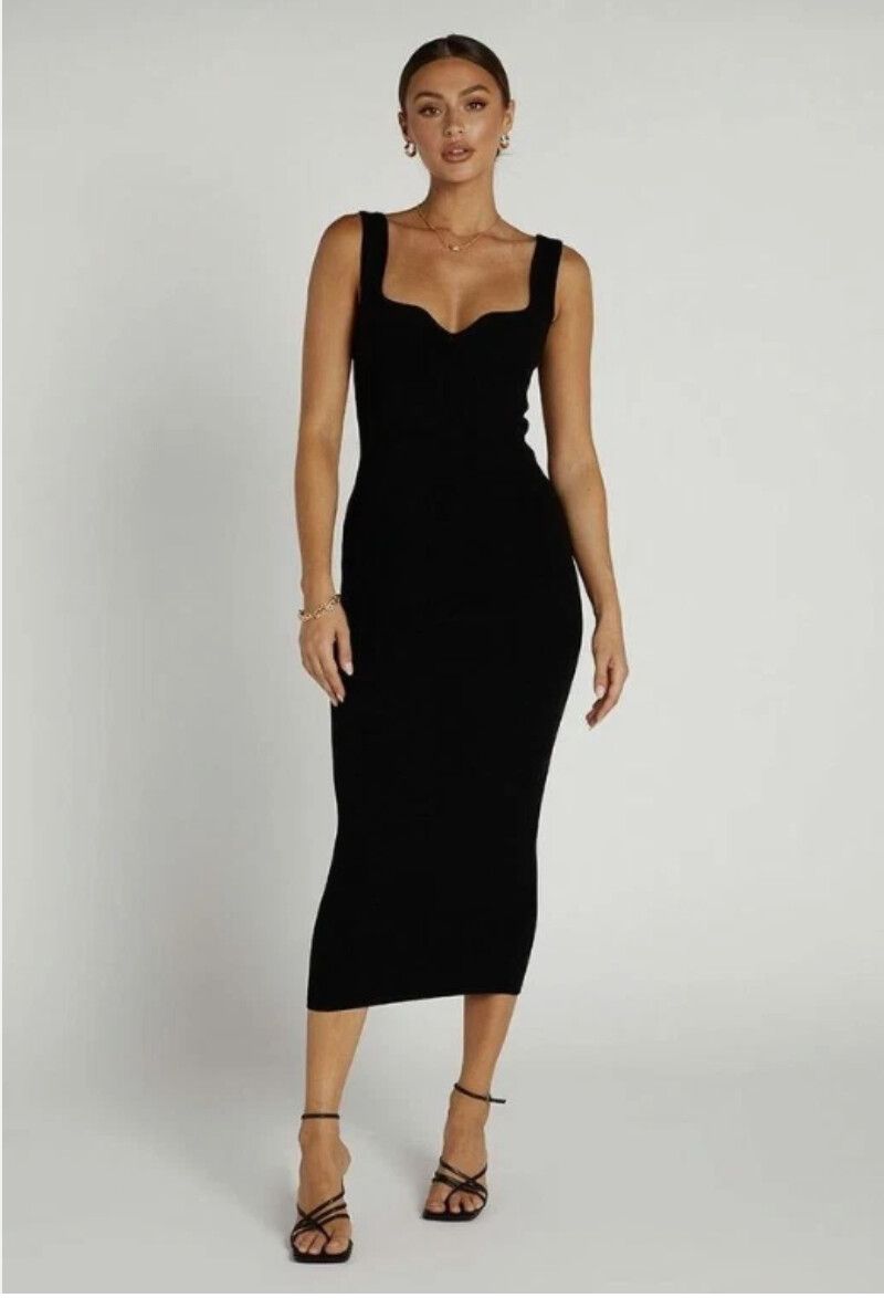 Tempo Black Knit Midi Dress Size 10 BNWT Casual Chic Minimalist Glam Party