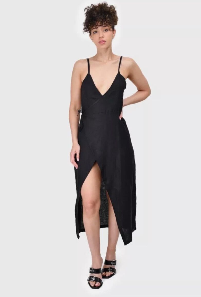 SIR The Label Dress Black Linen Wrap Size Small Summer Beach Resort 90s minimal