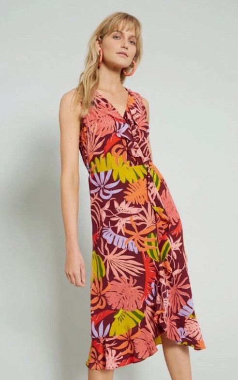 Gorman Banana Jungle Maroon Floral Silk Ruffle Midi Dress Size 10 Glam Party