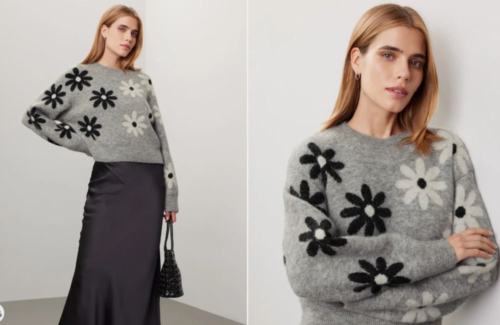 SANDRO Floral Knit Sweater Size 1 Small Alpaca Wool Winter