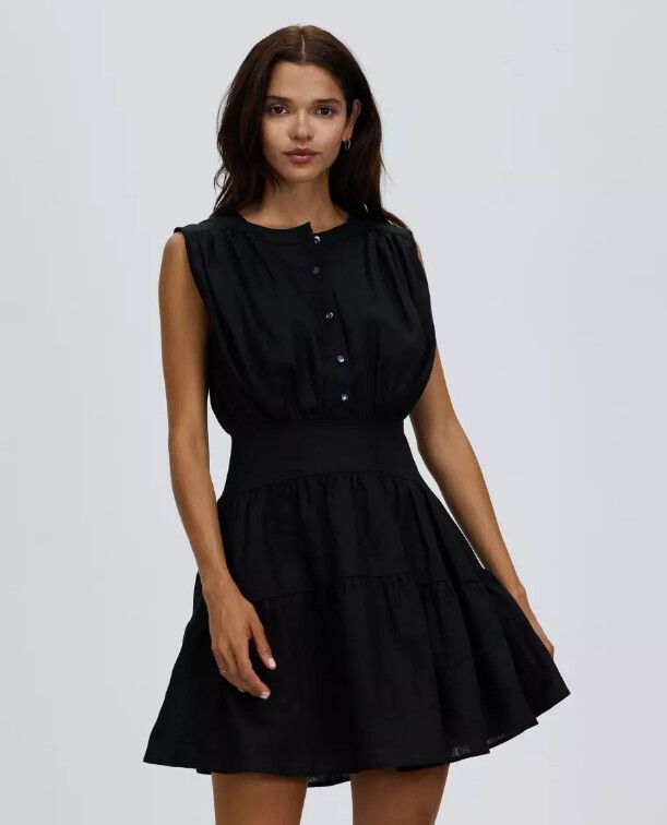 AERE Dress Size 10 Black Linen Frill Button Through Mini Quiet Luxury Summer