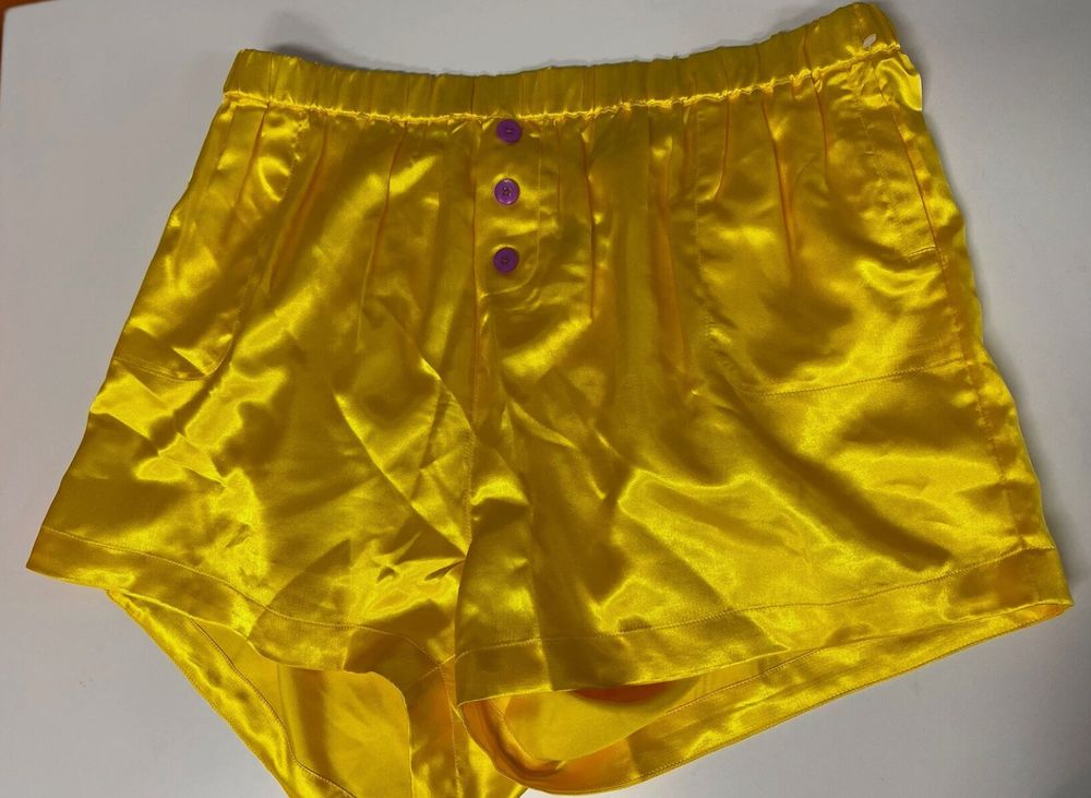 KIP & CO yellow silky satin boxer shorts size 16 sleep wear luxe cute 90s party