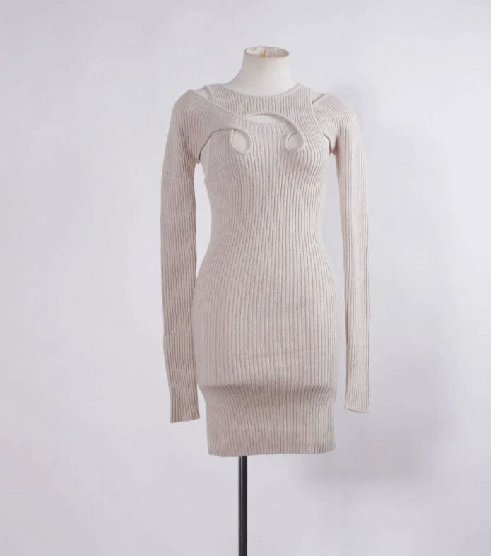 Wynn Hamlyn Derry Long Sleeve Mini Dress- Ivory Size M Ribbed Cut out Merino