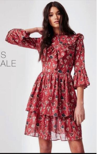 Morrison Red Floral Mini Dress Size 2/Medium Summer Boho Chic Designer Frill