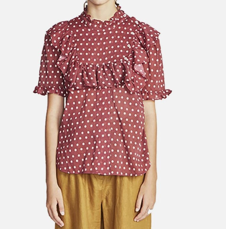 LEE MATHEWS MAISE Polka Dot Ruffle Short Sleeve Top Size 2/Medium Romantic