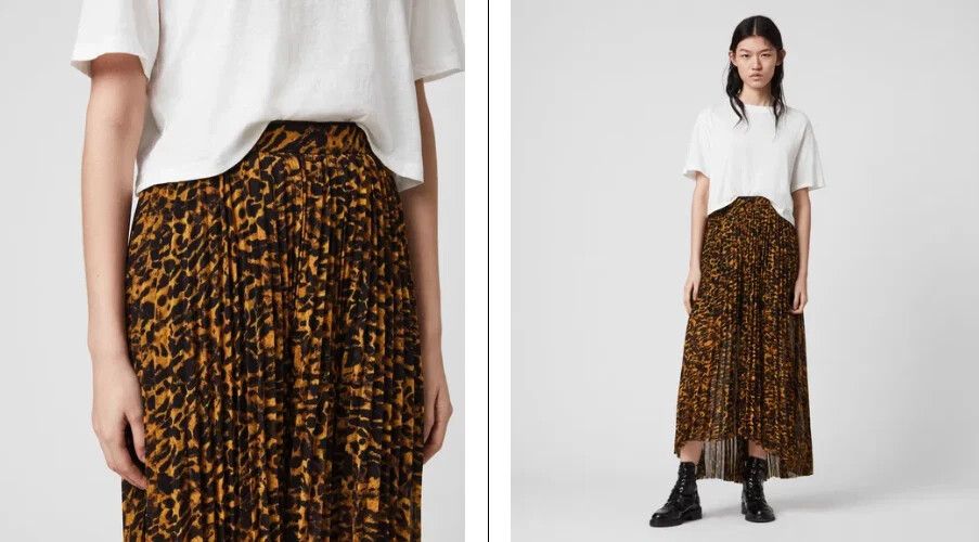 ALLSAINTS Leopard Pleated Skirt Size 10/US6/EU38 Raw Hem Designer Party