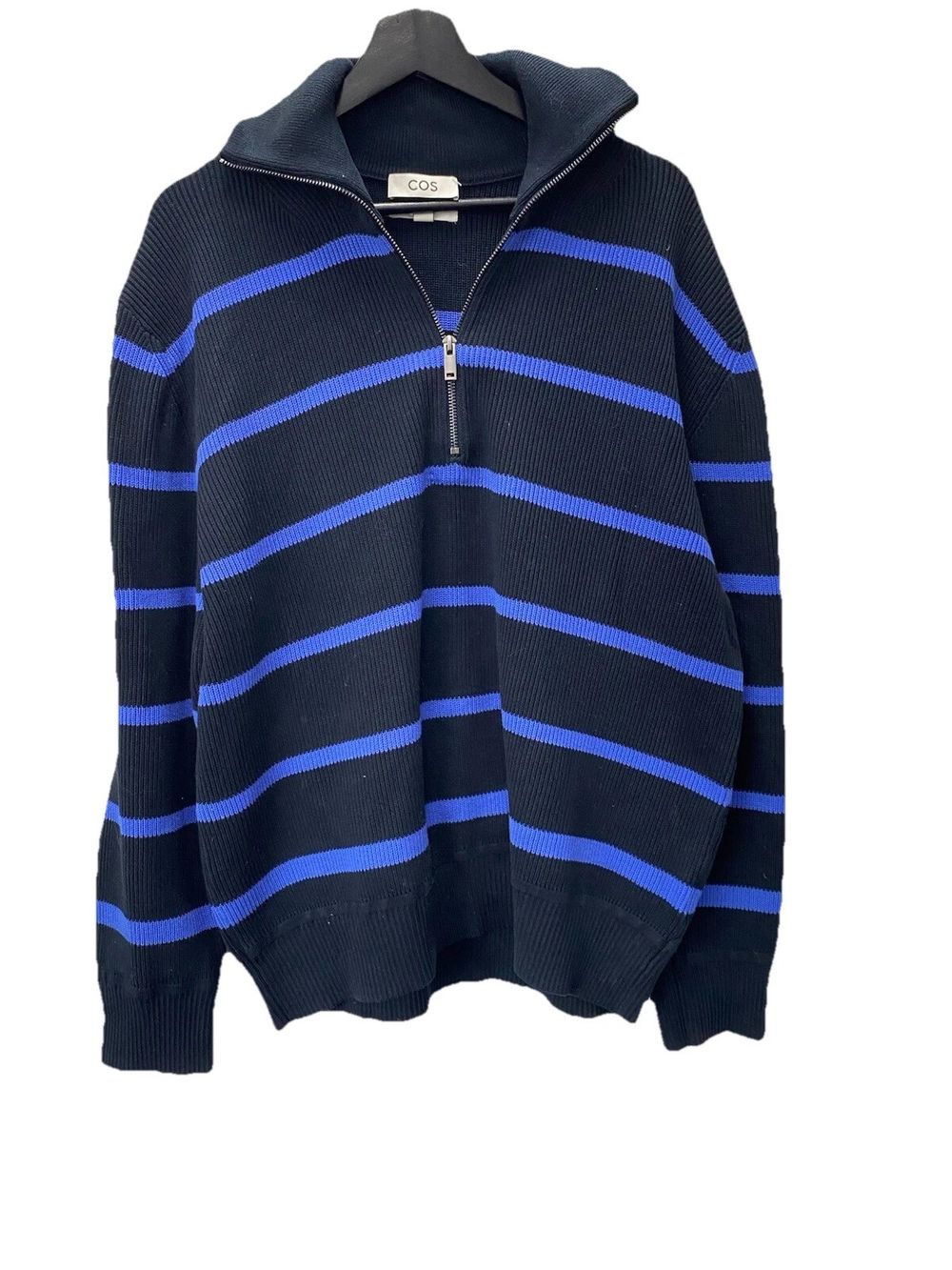 COS Crew neck Knit Jumper Size Large Striped Navy Blue Designer Casual Winter