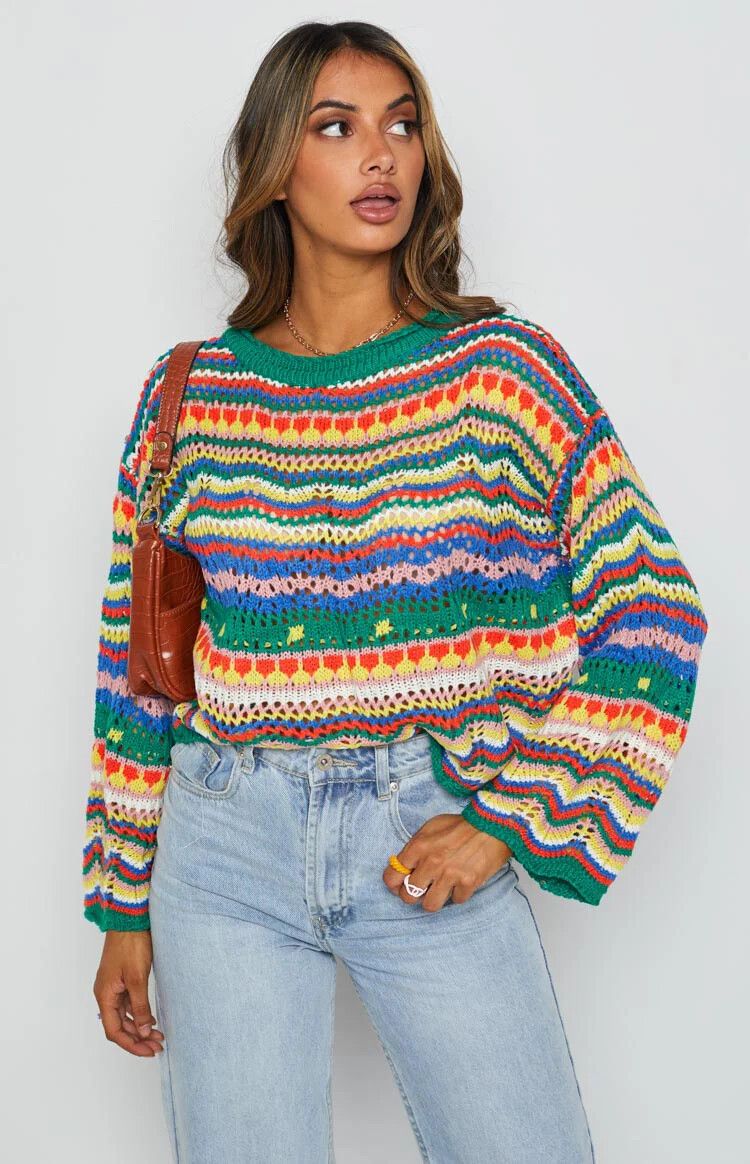 VRG GRL Harmony Multicolored Sweater Size S/M Crochet Open Knit Designer Glam