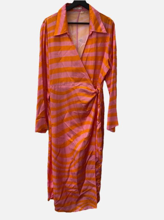 BUL Orange Pink Wrap Shirt Dress Size 16 Graphic Designer Flare Sleeve Designer