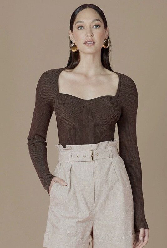 REBECCA VALLANCE Brown Square Knit Ribbed Top Size Small Designer Mocha Chic